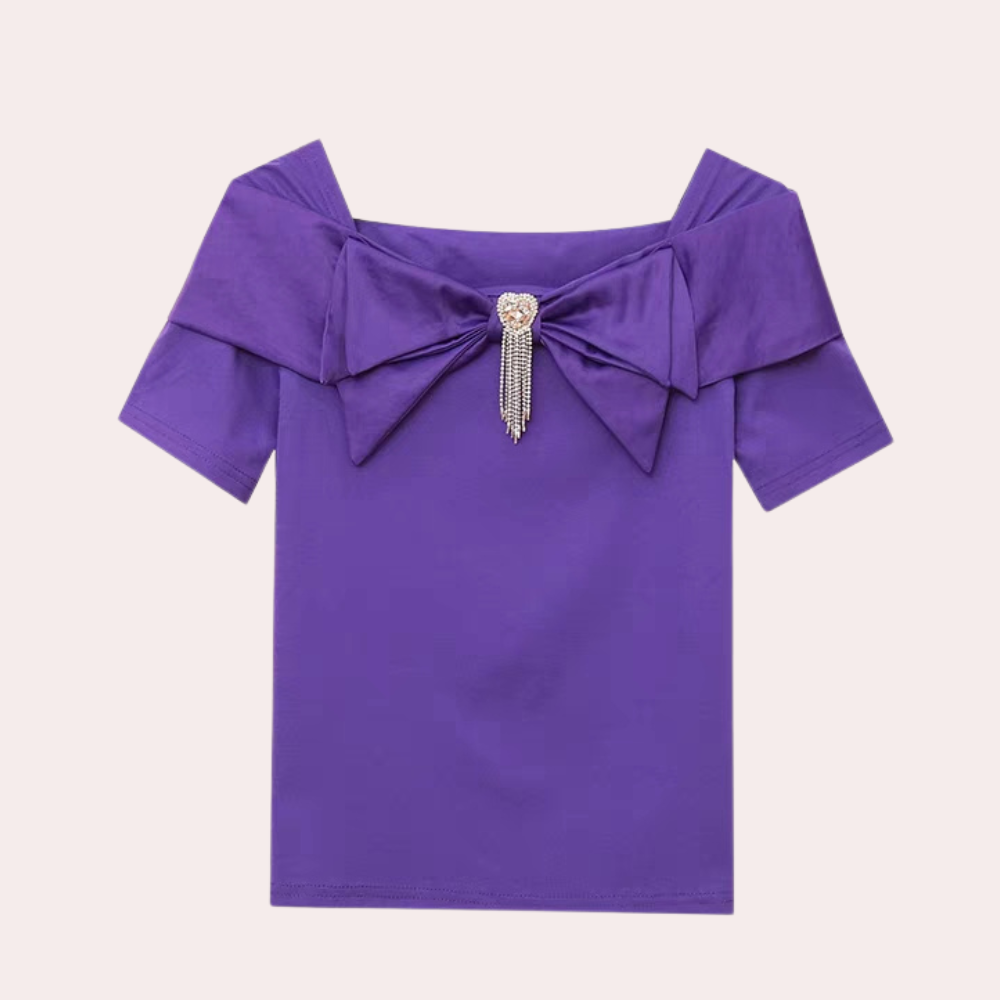 Blouse Femme - Décolleté Carré - Noeud Large - Manches Courtes - Coupe Ajustée Élégante