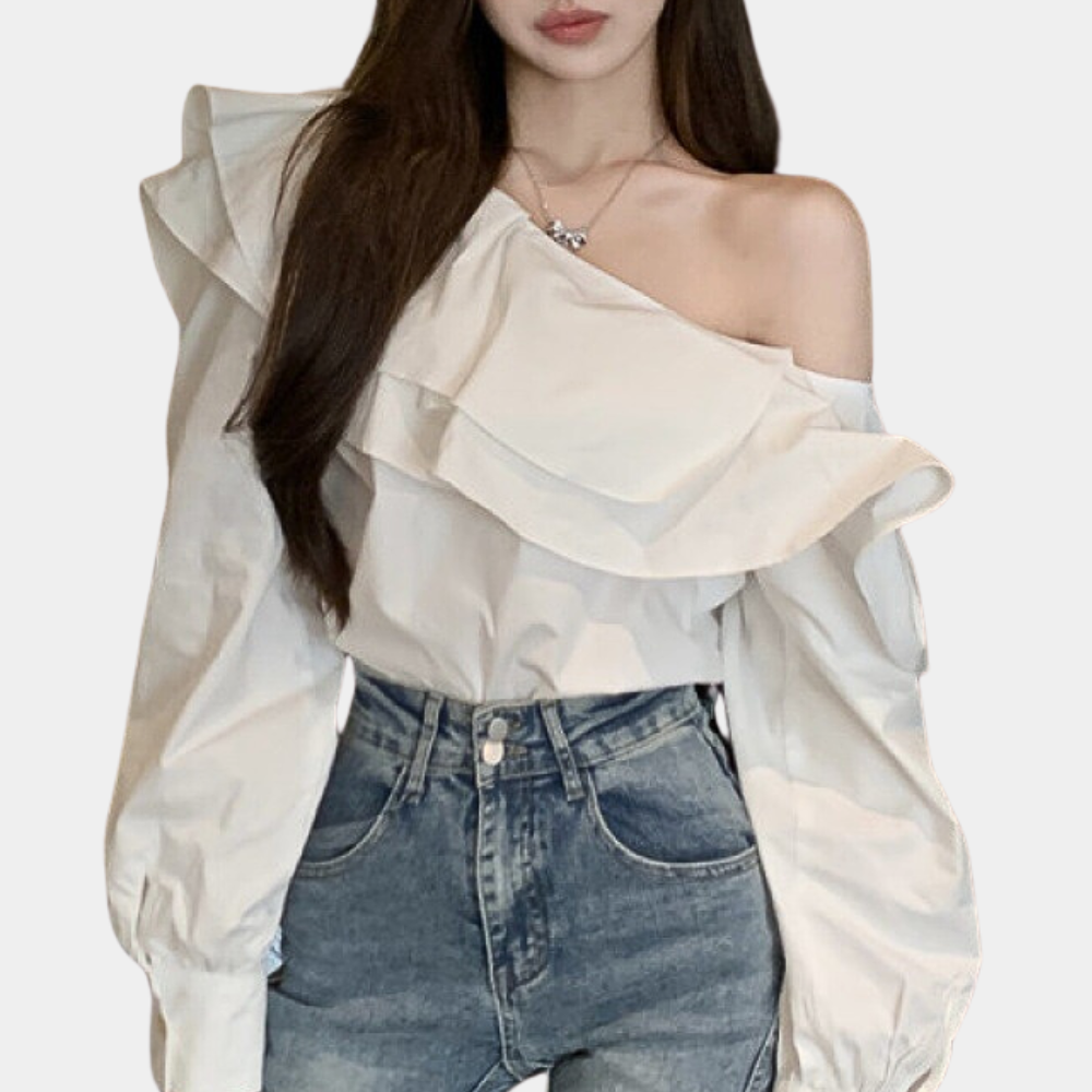 Blouse Femme - Épaule Dénudée - Volants Élégants - Manches Longues Amples