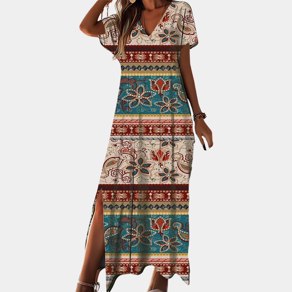 Robe Longue Femme - Col V - Manches Courtes - Coupe Ample - Style Bohème Élégant