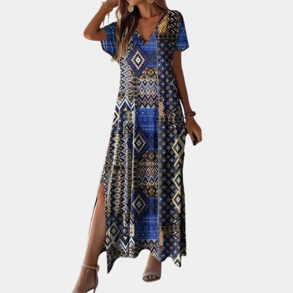 Robe Longue Femme - Col V - Manches Courtes - Coupe Ample - Style Bohème Élégant