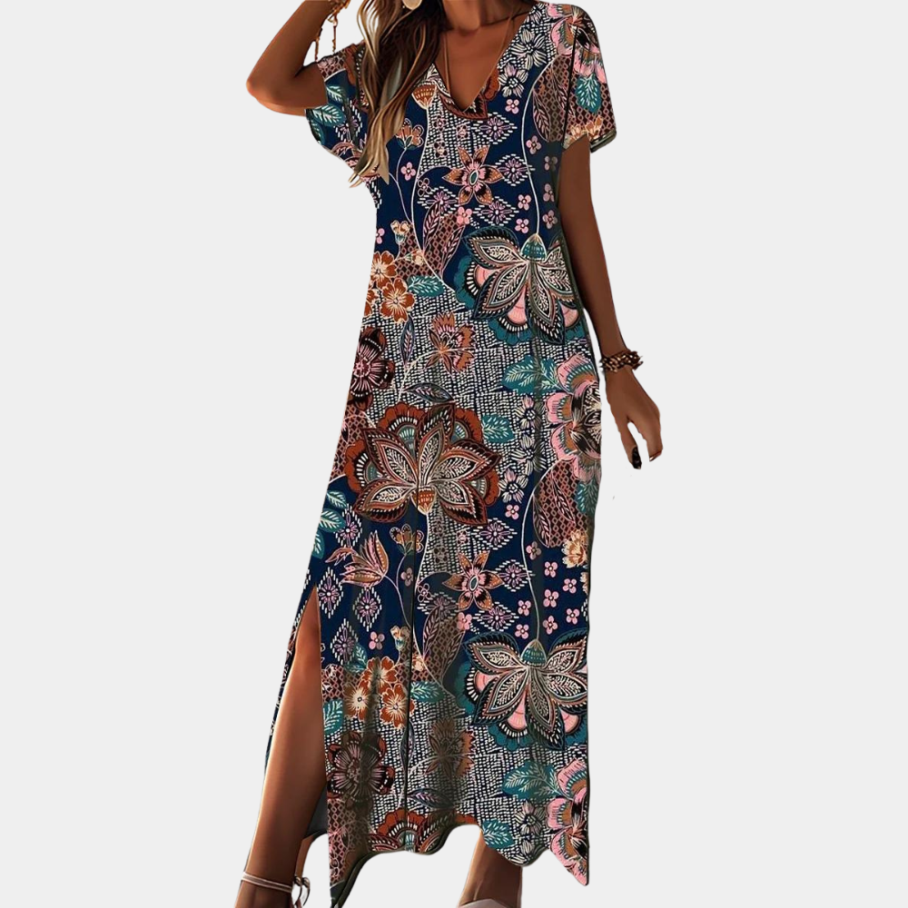 Robe Longue Femme - Col V - Manches Courtes - Coupe Ample - Style Bohème Élégant