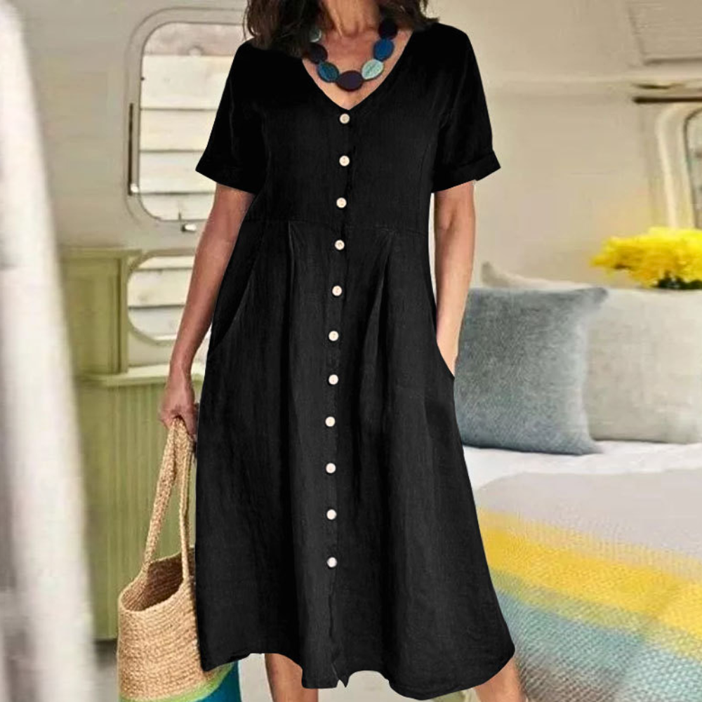 Robe Midi Femme - Lin Respirant - Manches Courtes - Boutonnée avec Poches
