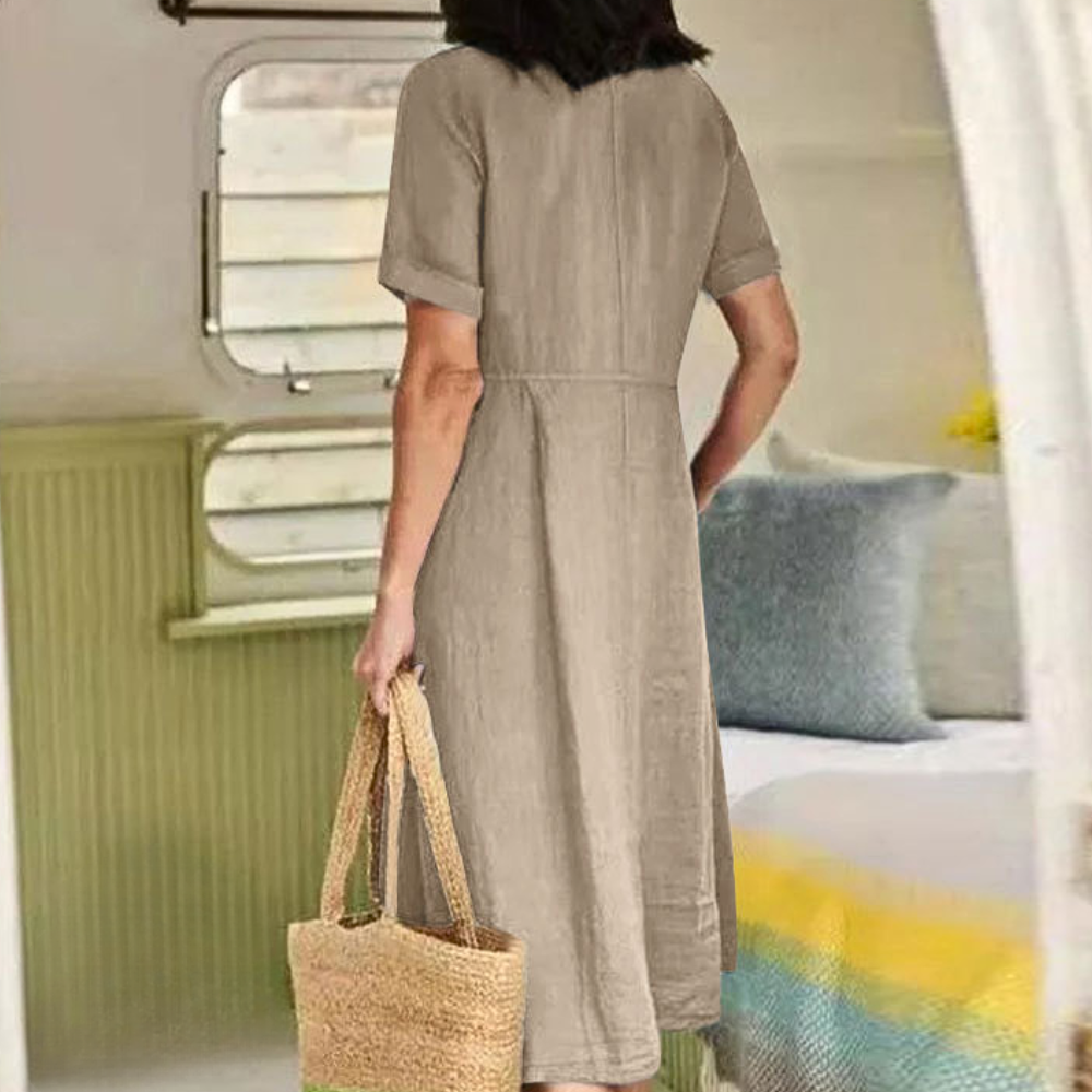Robe Midi Femme - Lin Respirant - Manches Courtes - Boutonnée avec Poches