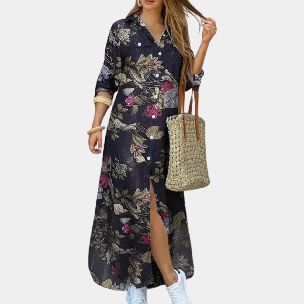 Robe Maxi Femme - Boutonnée Longue - Col Chemise - Manches Longues - Motif Camouflage