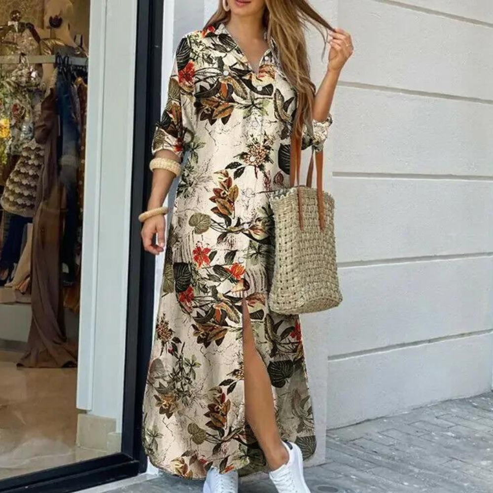 Robe Maxi Femme - Boutonnée Longue - Col Chemise - Manches Longues - Motif Camouflage