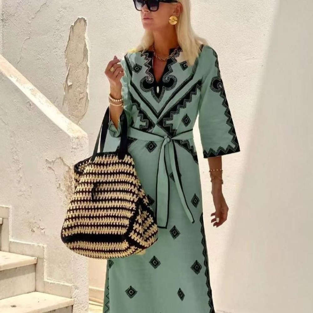 Robe Kaftan Femme - Longue et Fluide - Ceinture Ajustable - Broderie Élégante