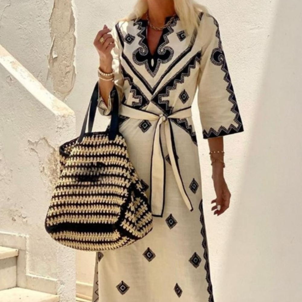 Robe Kaftan Femme - Longue et Fluide - Ceinture Ajustable - Broderie Élégante