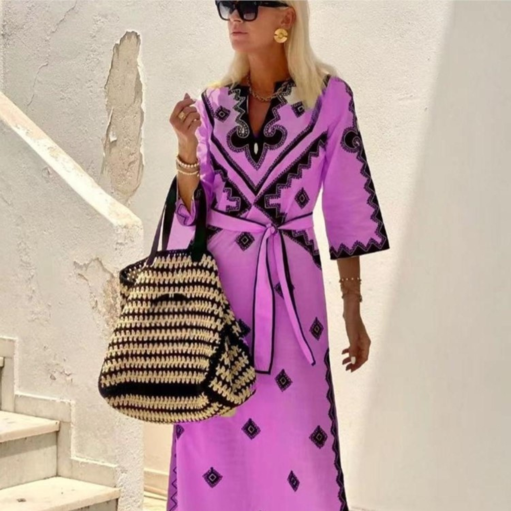 Robe Kaftan Femme - Longue et Fluide - Ceinture Ajustable - Broderie Élégante