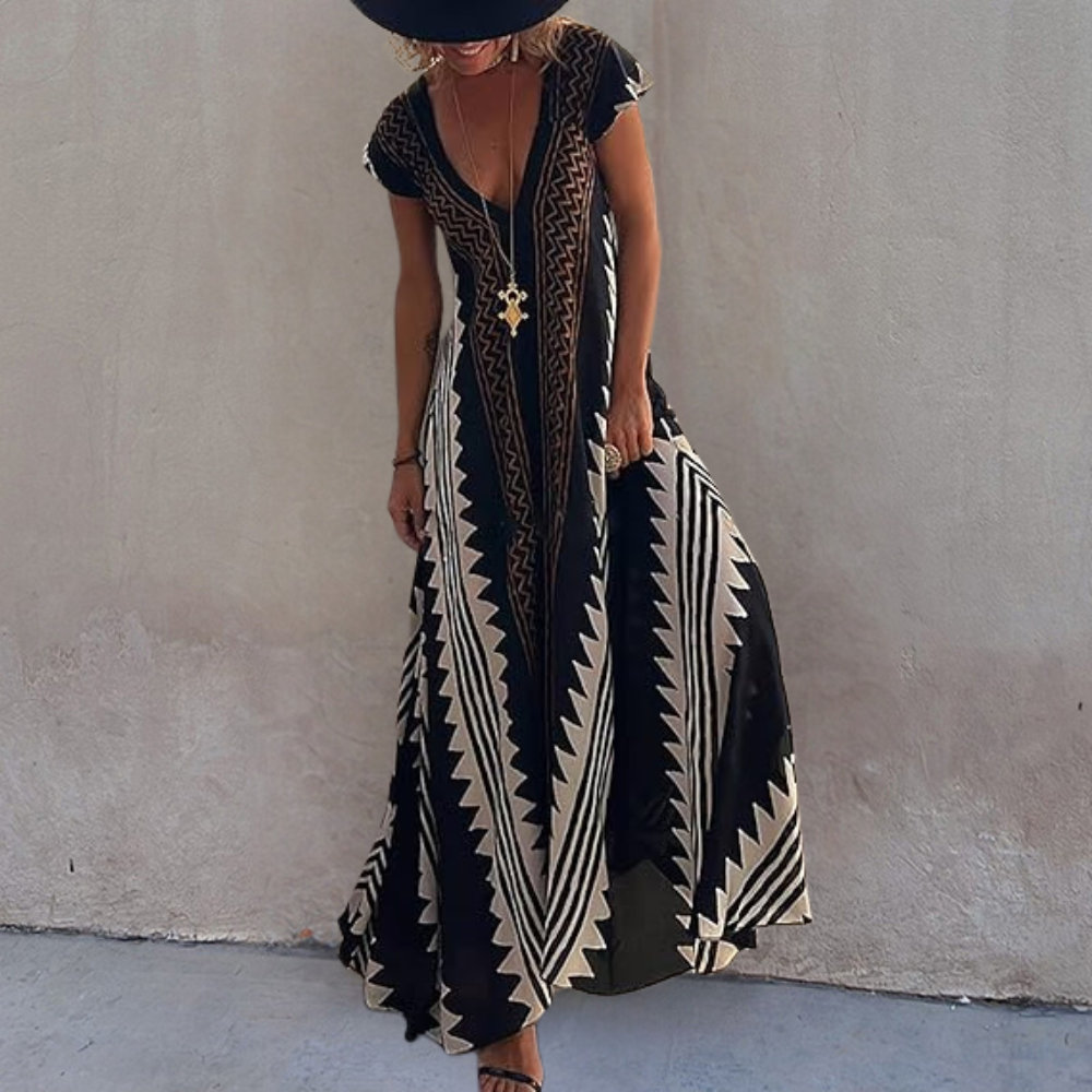Robe Maxi Femme - Coupe Ample - Sans Manches - Col V Élégant - Motif Géométrique