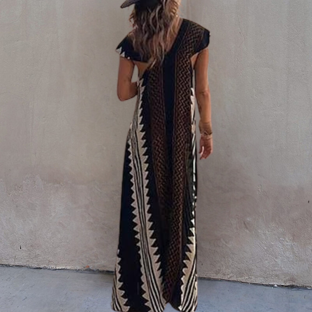 Robe Maxi Femme - Coupe Ample - Sans Manches - Col V Élégant - Motif Géométrique