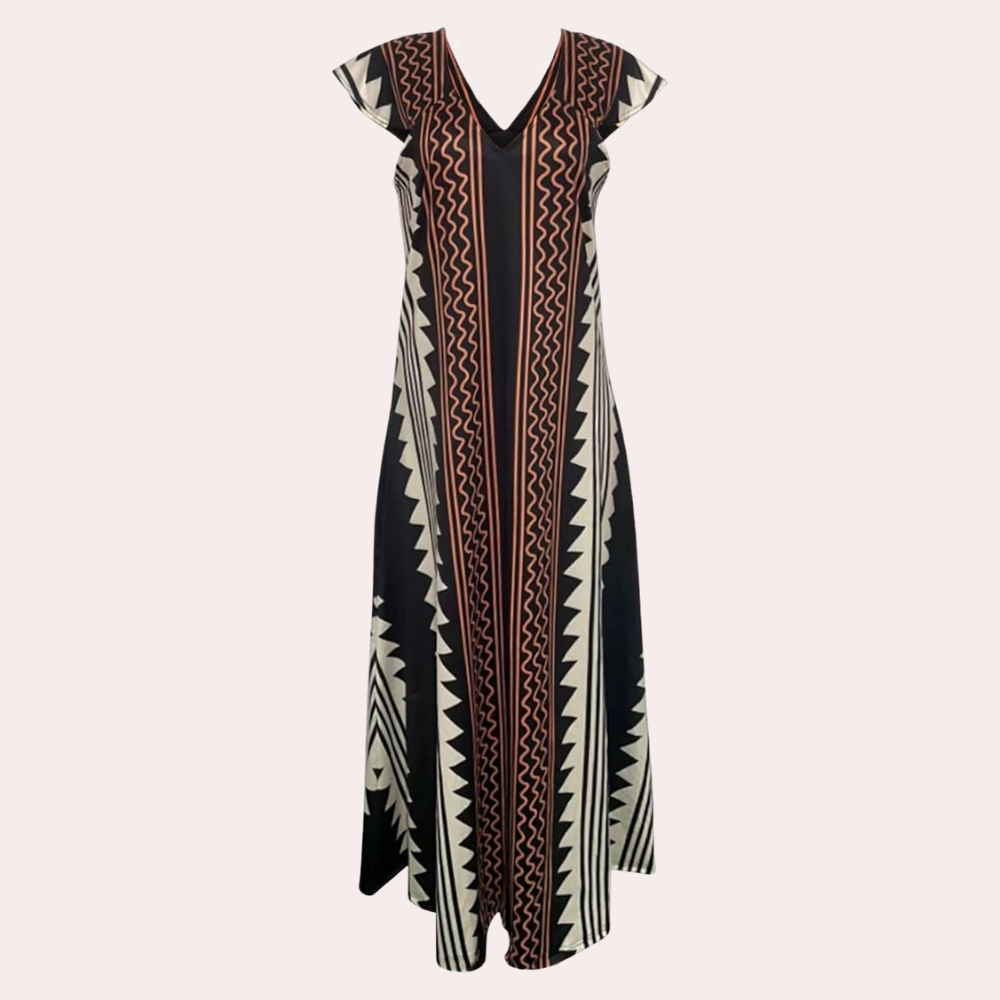 Robe Maxi Femme - Coupe Ample - Sans Manches - Col V Élégant - Motif Géométrique