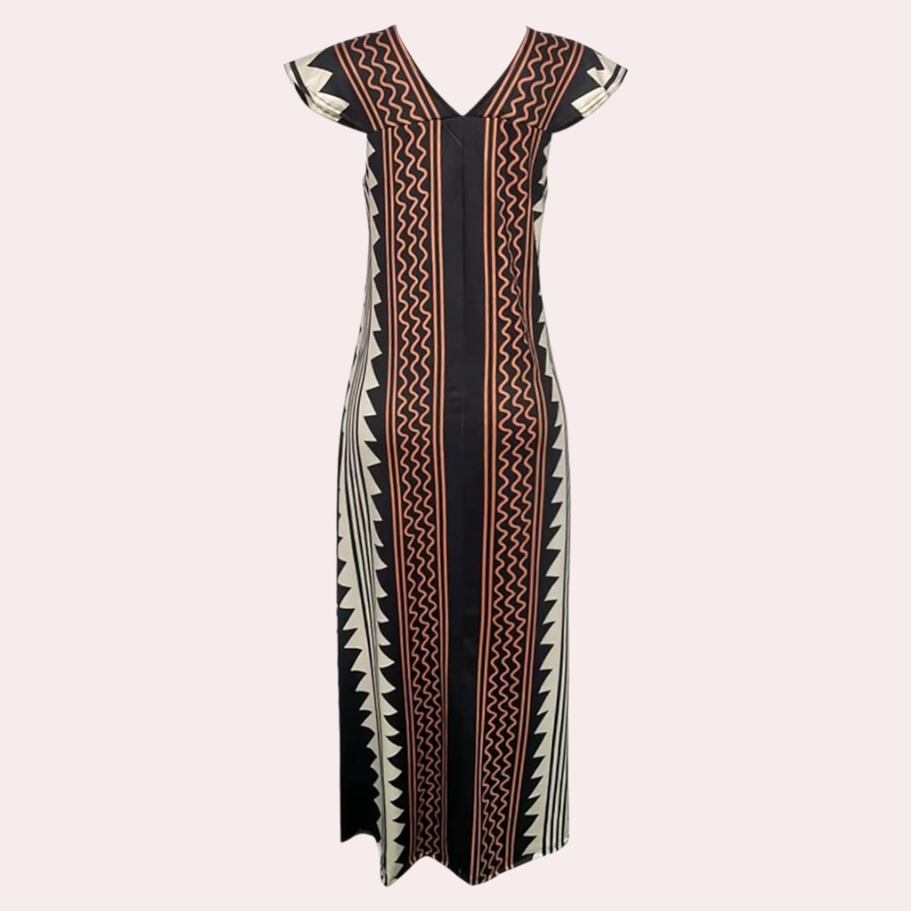 Robe Maxi Femme - Coupe Ample - Sans Manches - Col V Élégant - Motif Géométrique