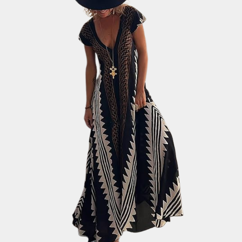 Robe Maxi Femme - Coupe Ample - Sans Manches - Col V Élégant - Motif Géométrique