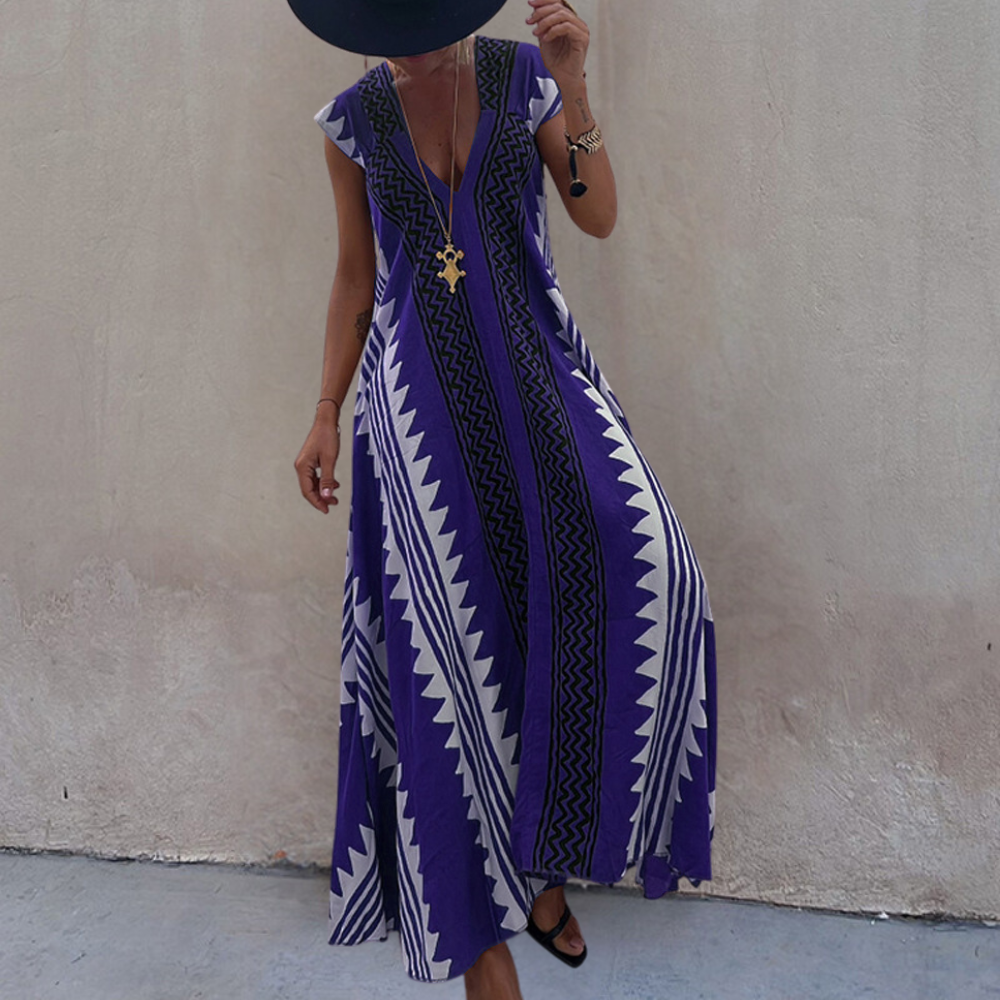 Robe Maxi Femme - Coupe Ample - Sans Manches - Col V Élégant - Motif Géométrique