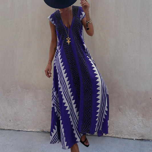 Robe Maxi Femme - Coupe Ample - Sans Manches - Col V Élégant - Motif Géométrique
