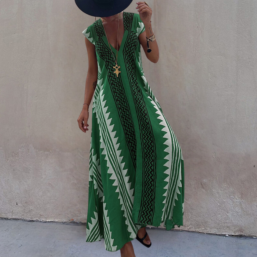 Robe Maxi Femme - Coupe Ample - Sans Manches - Col V Élégant - Motif Géométrique