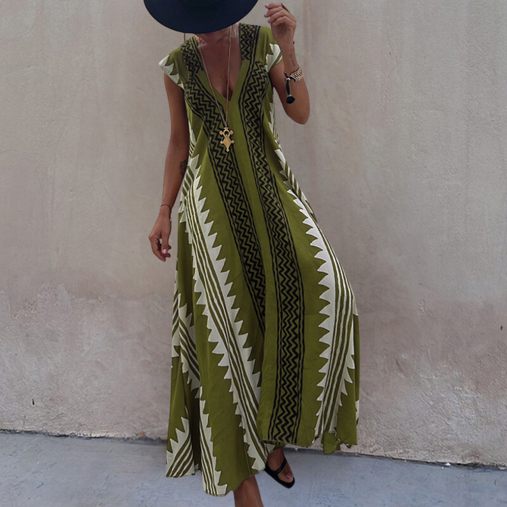 Robe Maxi Femme - Coupe Ample - Sans Manches - Col V Élégant - Motif Géométrique
