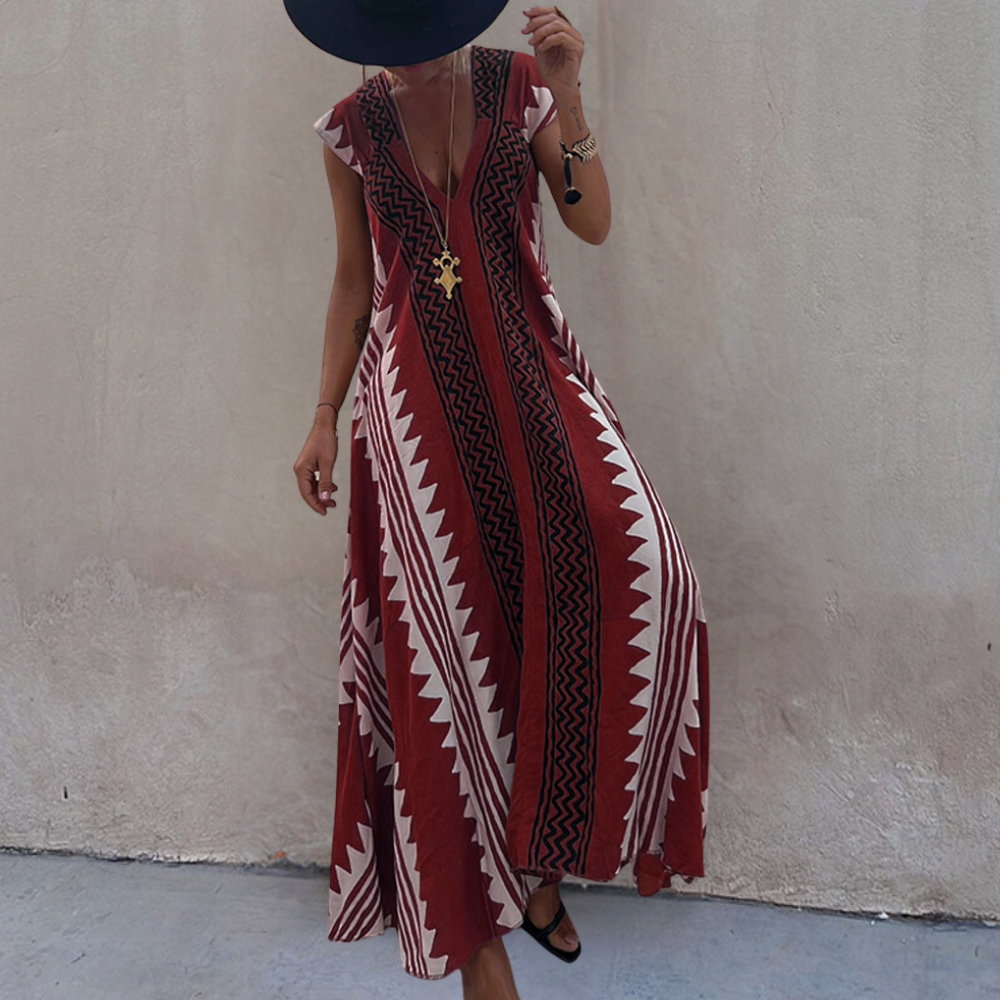 Robe Maxi Femme - Coupe Ample - Sans Manches - Col V Élégant - Motif Géométrique