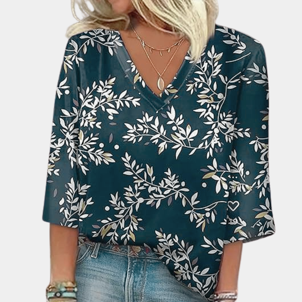 Blouse Femme - Motif Fleuri - Col V Élégant - Manches 3/4 - Coupe Ample Respirante