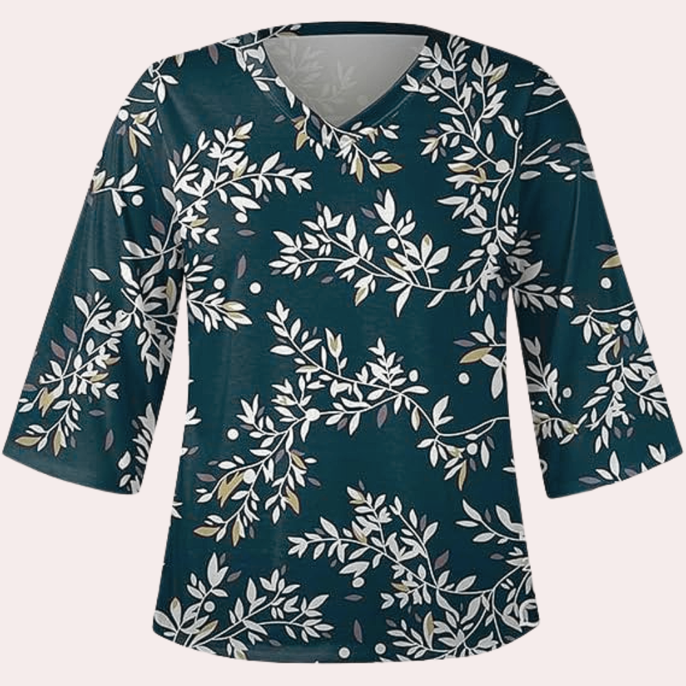 Blouse Femme - Motif Fleuri - Col V Élégant - Manches 3/4 - Coupe Ample Respirante