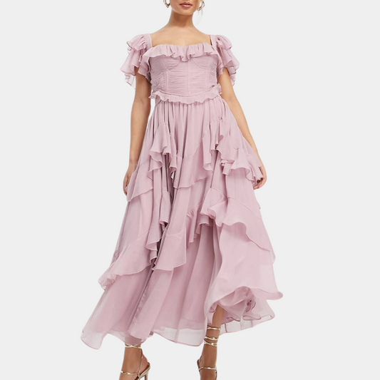 Robe Maxi Femme - Épaules Dénudées - Manches Courtes Volants - Jupe Fluide à Étages