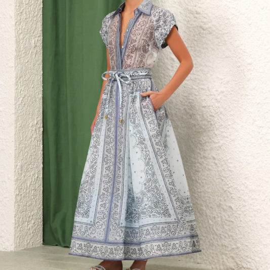 Robe Maxi Femme - Boutonnée à Col - Imprimé Bohème - Ceinture Taille - Manches Courtes