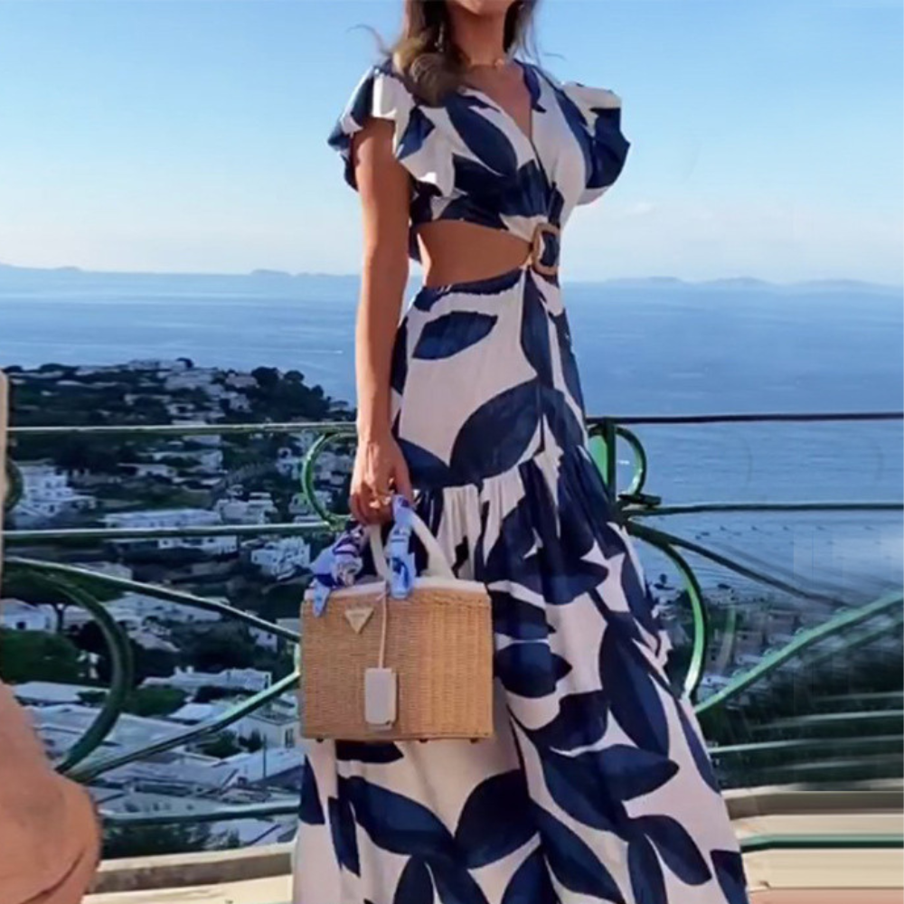 Robe Longue Femme - Imprimé Feuilles - Décolleté V - Manches Volantées - Taille Ceinturée