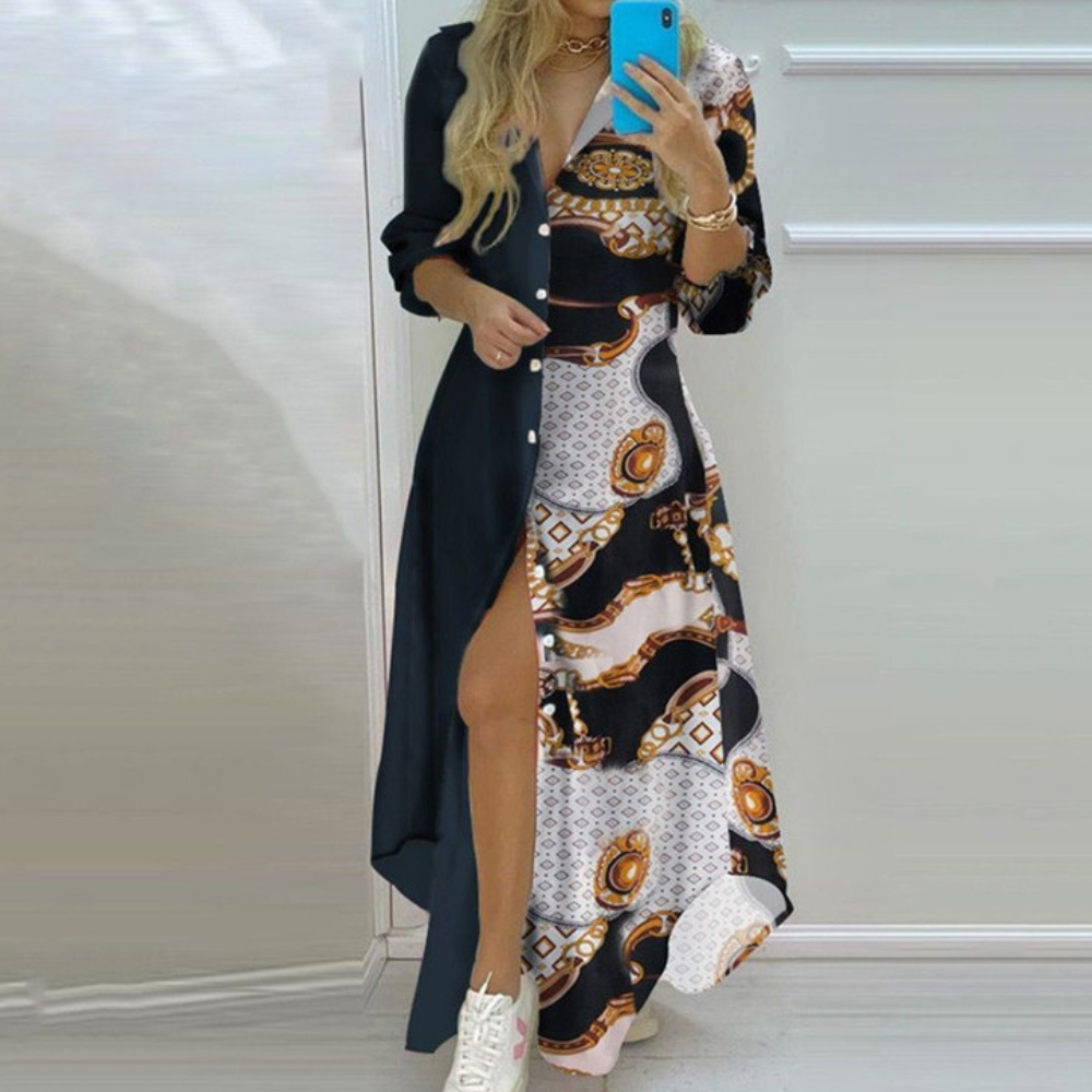 Robe Longue Femme - Boutonnée Maxi - Manches Longues - Imprimé Floral Élégant