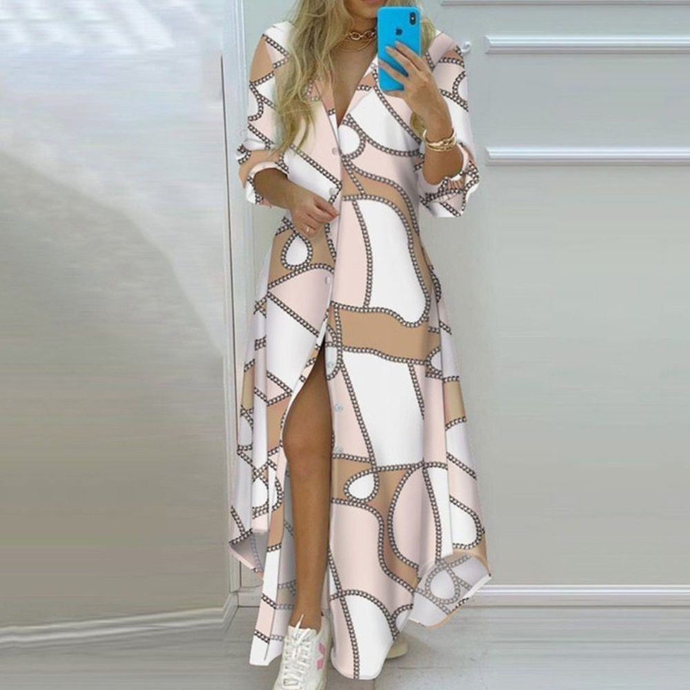 Robe Longue Femme - Boutonnée Maxi - Manches Longues - Imprimé Floral Élégant