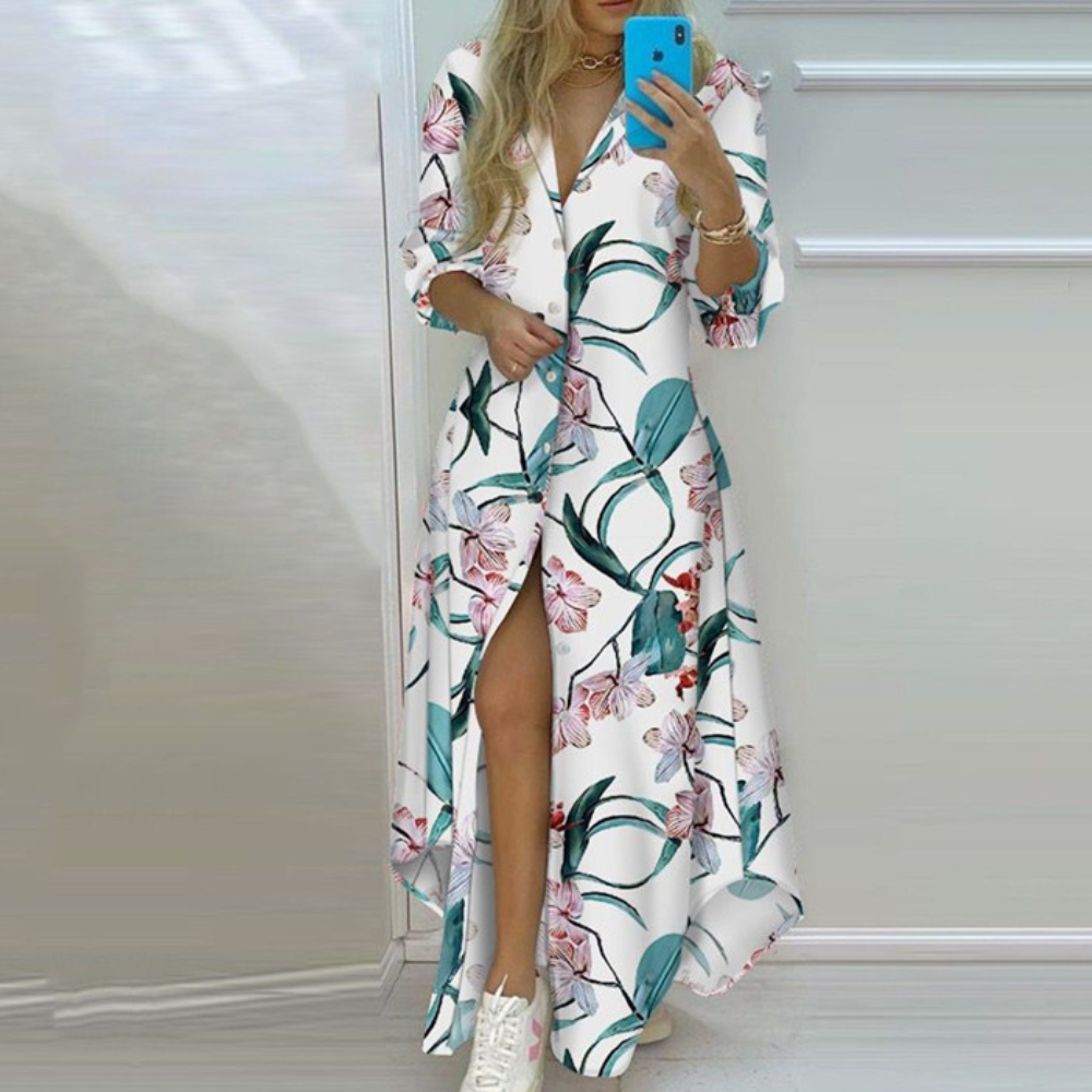 Robe Longue Femme - Boutonnée Maxi - Manches Longues - Imprimé Floral Élégant