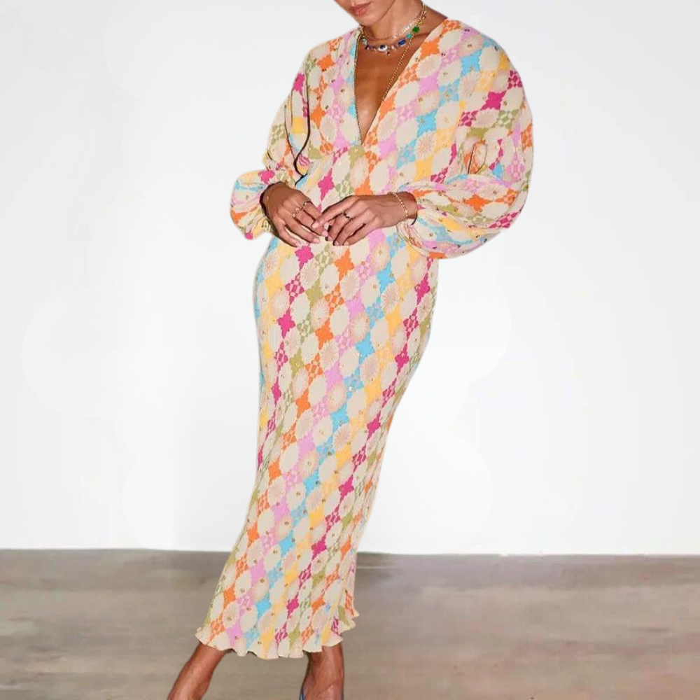 Robe Longue Femme - Col V Profond - Motif Graphique - Manches Longues Fluides