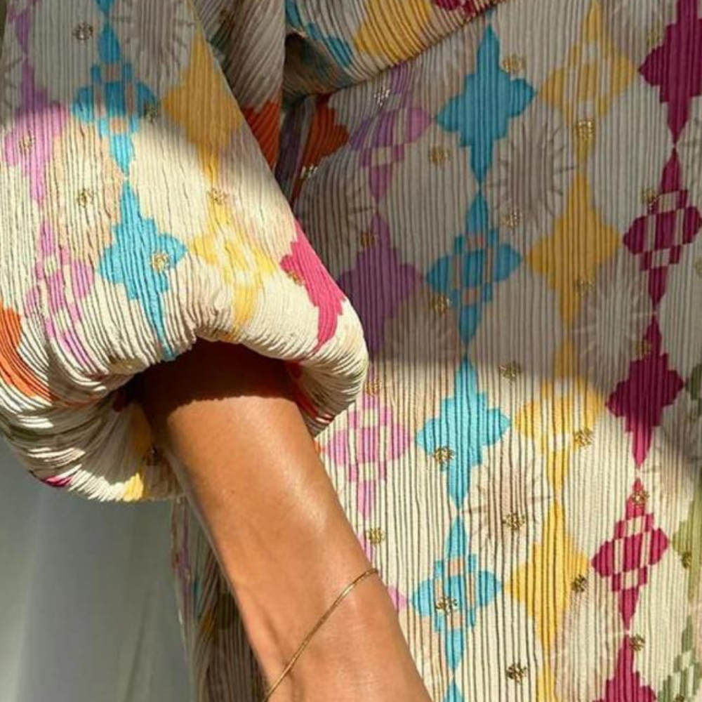 Robe Longue Femme - Col V Profond - Motif Graphique - Manches Longues Fluides