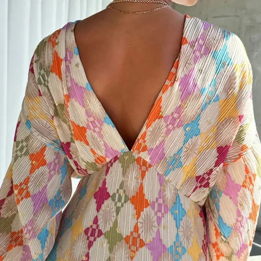 Robe Longue Femme - Col V Profond - Motif Graphique - Manches Longues Fluides