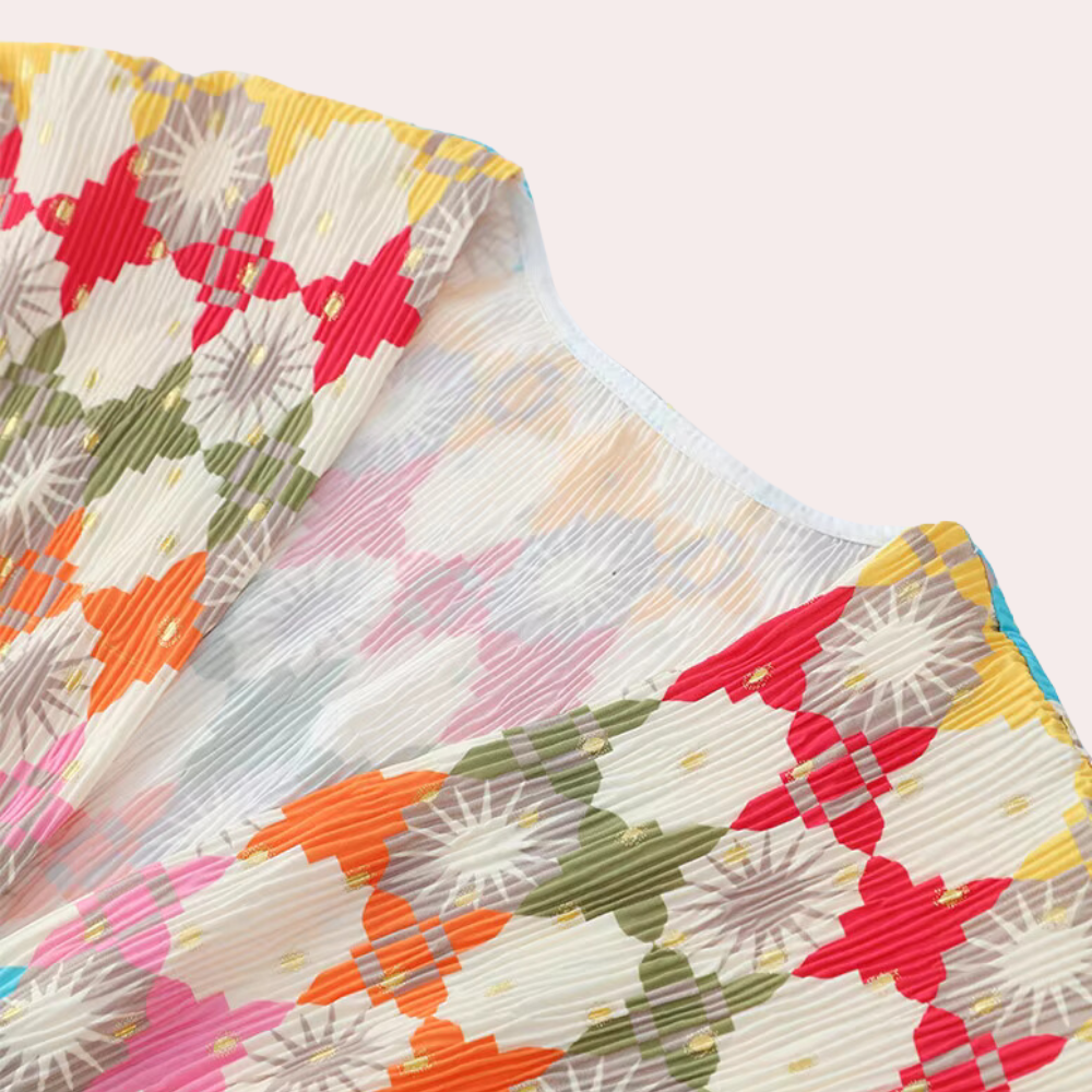 Robe Longue Femme - Col V Profond - Motif Graphique - Manches Longues Fluides