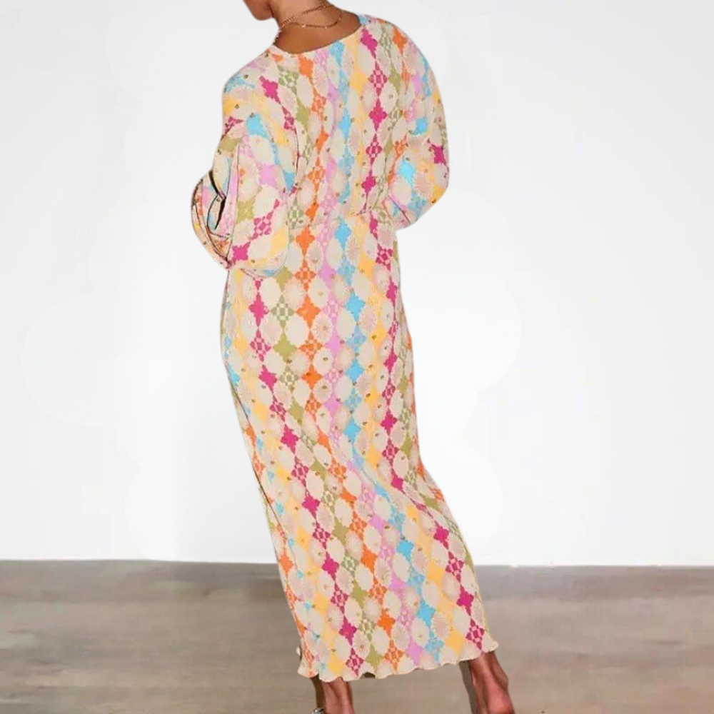 Robe Longue Femme - Col V Profond - Motif Graphique - Manches Longues Fluides