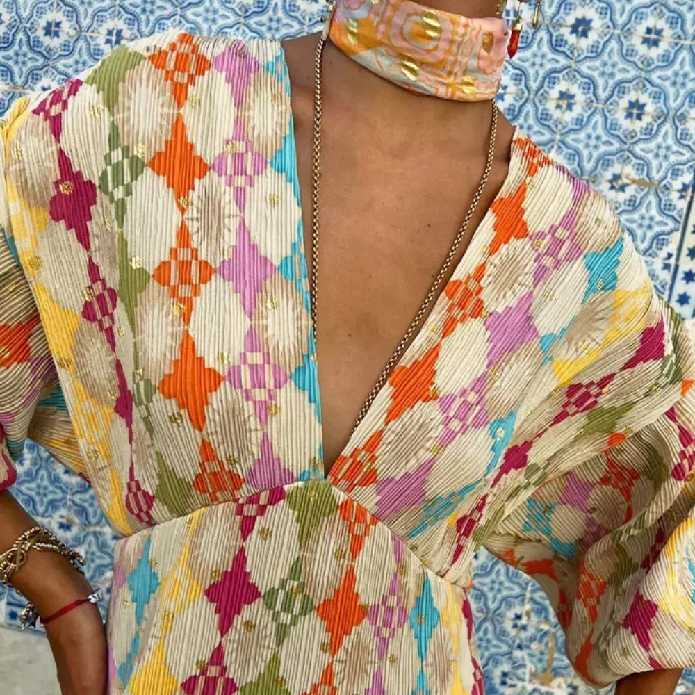 Robe Longue Femme - Col V Profond - Motif Graphique - Manches Longues Fluides