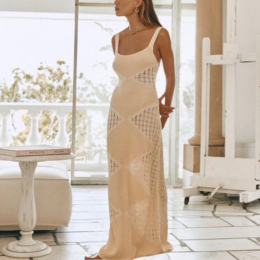 Robe Longue Femme – Dentelle Crochet – Coupe Évasée – Bretelles Fines – Élégante et Aérienne