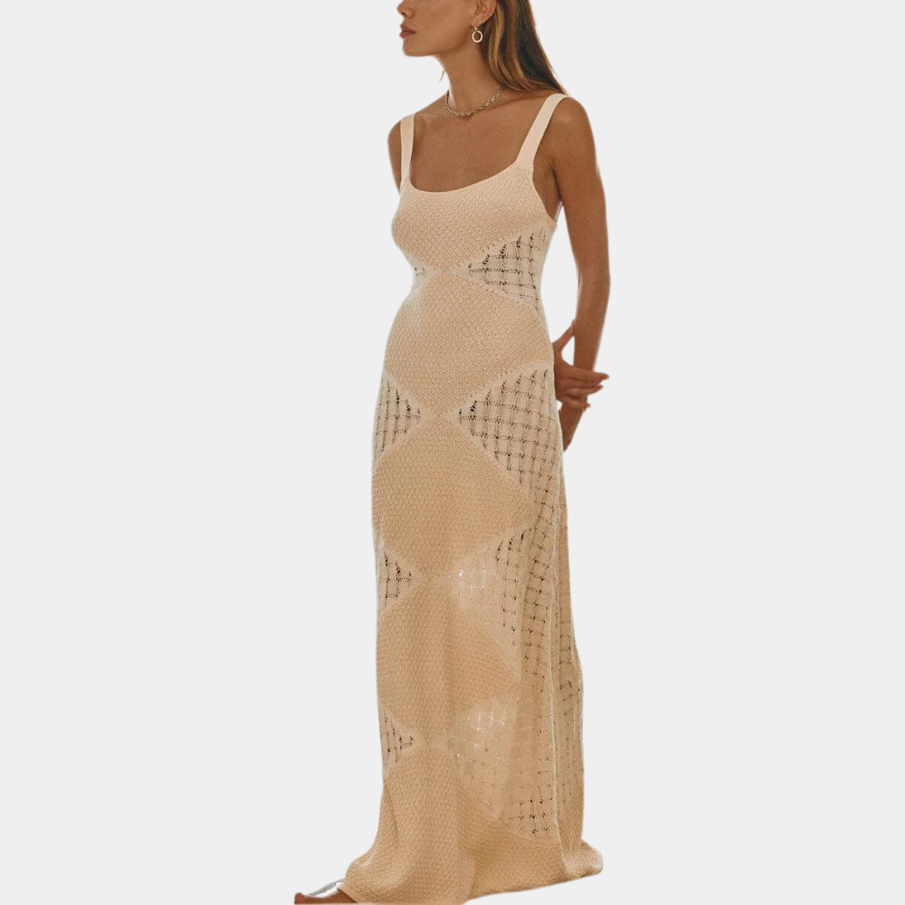 Robe Longue Femme – Dentelle Crochet – Coupe Évasée – Bretelles Fines – Élégante et Aérienne