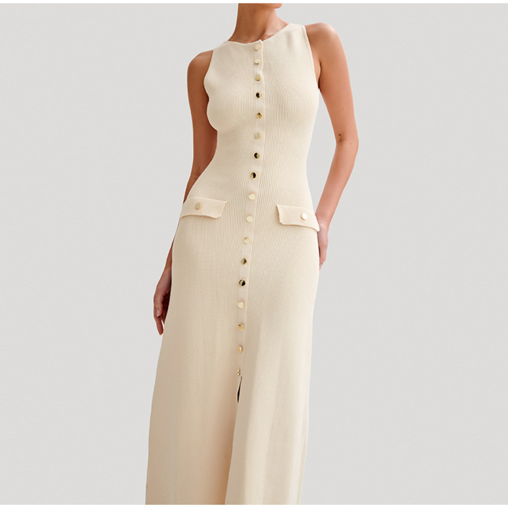 Robe Longue Sans Manches Femme - Maille Côtelée - Coupe Cintrée - Boutons Décoratifs