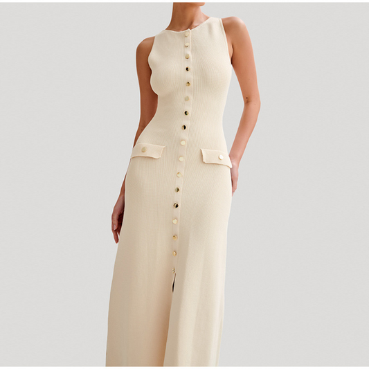 Robe Longue Sans Manches Femme - Maille Côtelée - Coupe Cintrée - Boutons Décoratifs