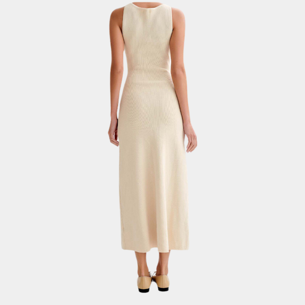 Robe Longue Sans Manches Femme - Maille Côtelée - Coupe Cintrée - Boutons Décoratifs