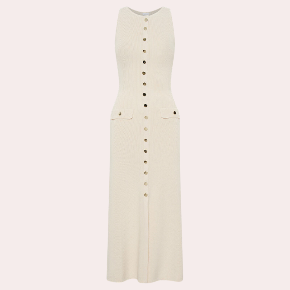 Robe Longue Sans Manches Femme - Maille Côtelée - Coupe Cintrée - Boutons Décoratifs