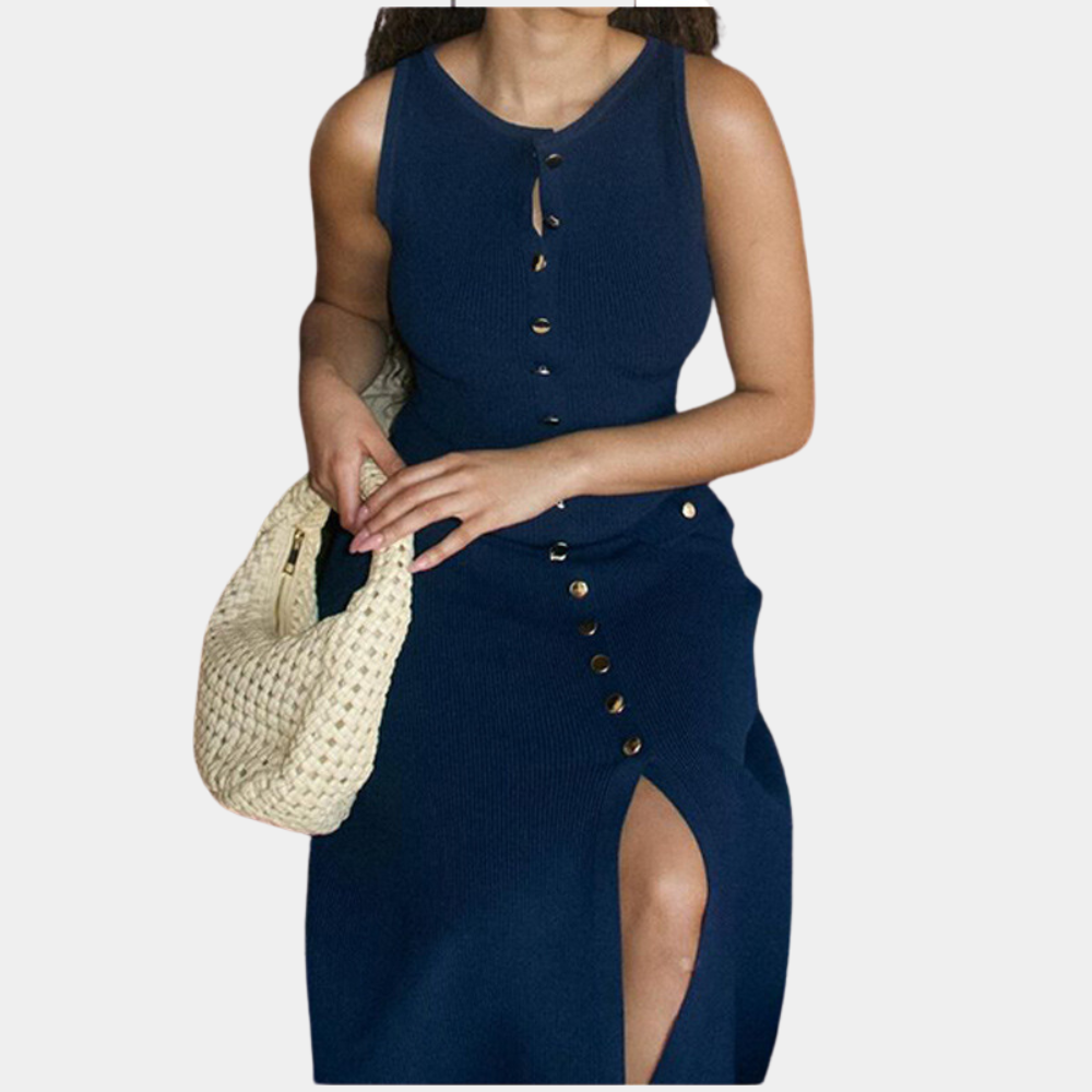 Robe Longue Sans Manches Femme - Maille Côtelée - Coupe Cintrée - Boutons Décoratifs