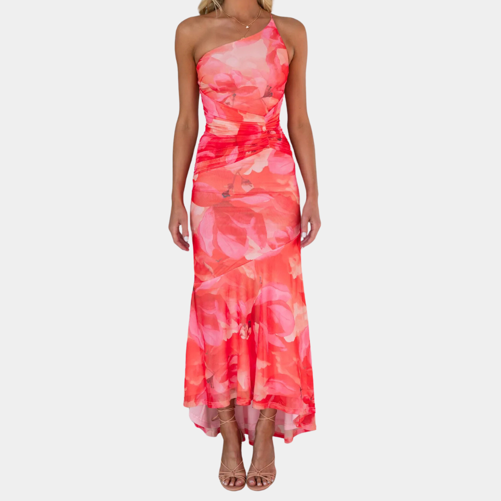 Robe Longue Femme - Une Épaule - Coupe Ajustée - Motif Fleuri - Évasée Élégante