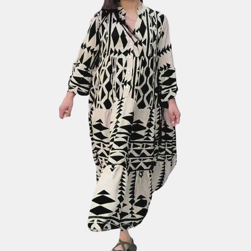 Robe Maxi Femme – Tissu Léger – Manches Longues – Col V Boutonné – Style Décontracté