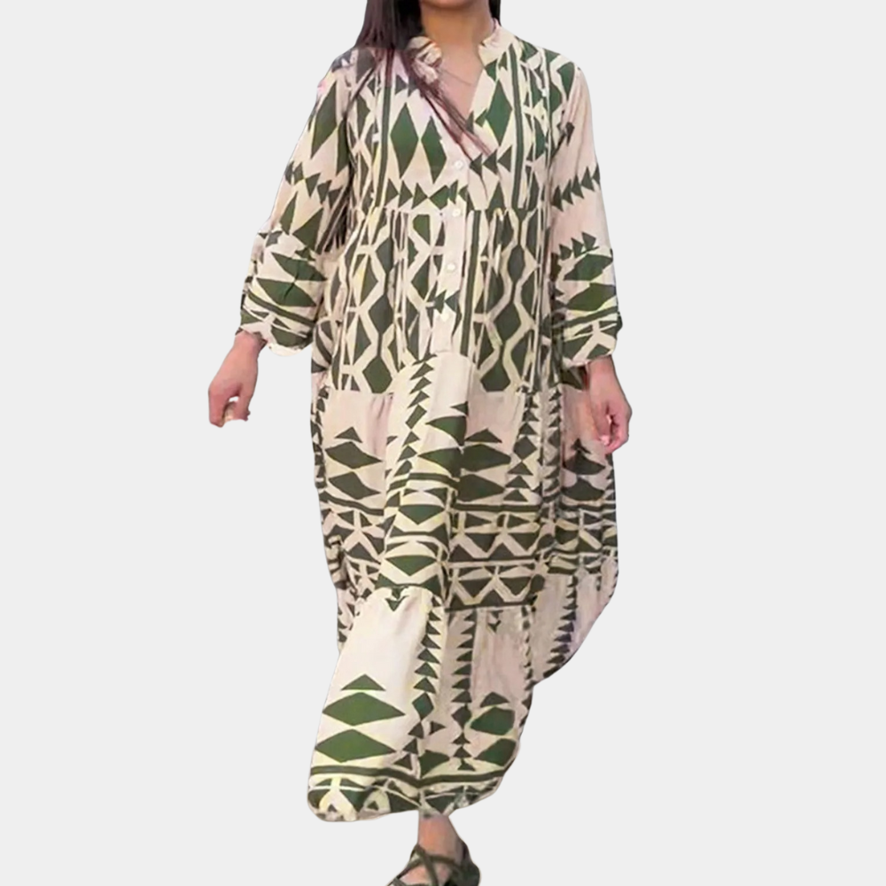 Robe Maxi Femme – Tissu Léger – Manches Longues – Col V Boutonné – Style Décontracté