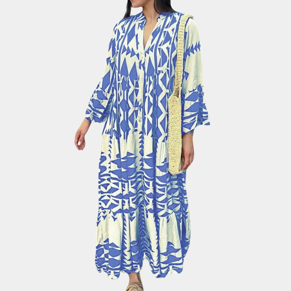 Robe Maxi Femme – Tissu Léger – Manches Longues – Col V Boutonné – Style Décontracté