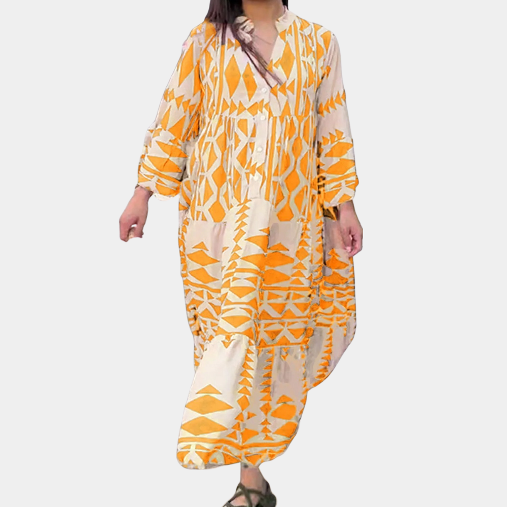Robe Maxi Femme – Tissu Léger – Manches Longues – Col V Boutonné – Style Décontracté