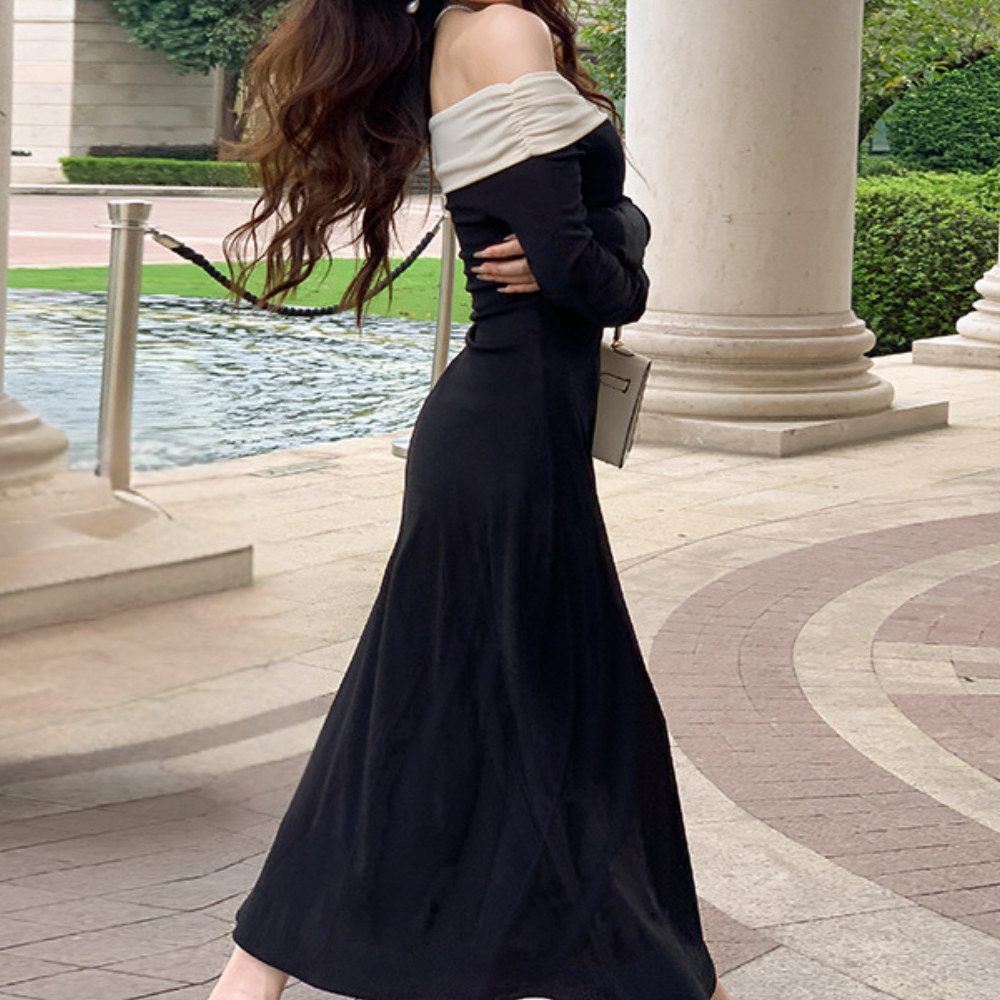 Robe Maxi Femme - Épaules Dénudées - Manches Longues - Élégante et Fluide