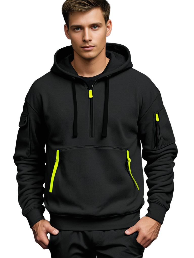 Sweat à capuche homme – Coupe décontractée – Coton léger – Demi-zip – Détails utilitaires